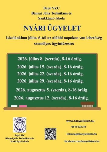 Nyári ügyelet az iskolánkban!
